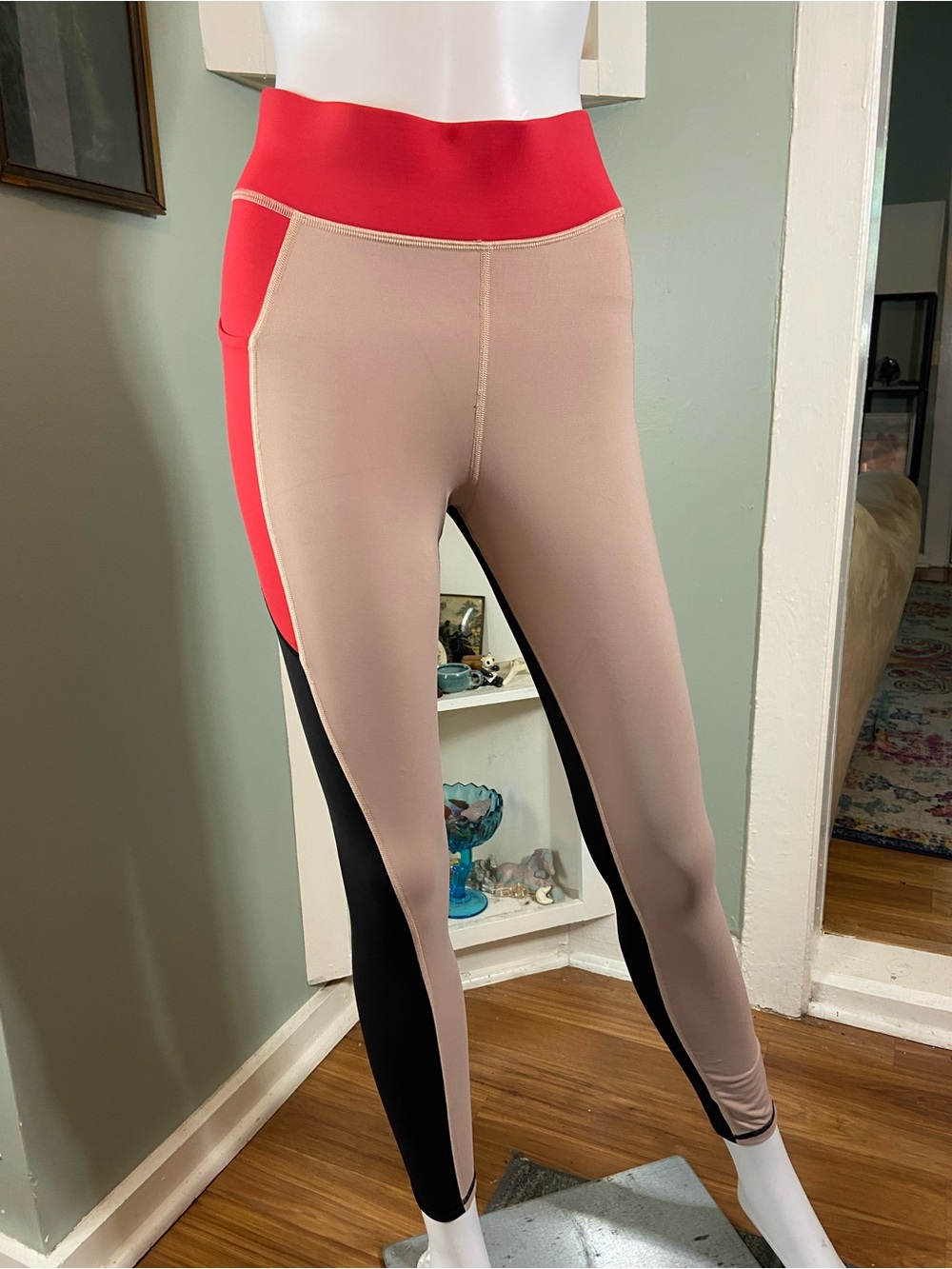 MICHI Colorblock Leggings Workout Yoga Pants Nude Red Black High Waist Small S